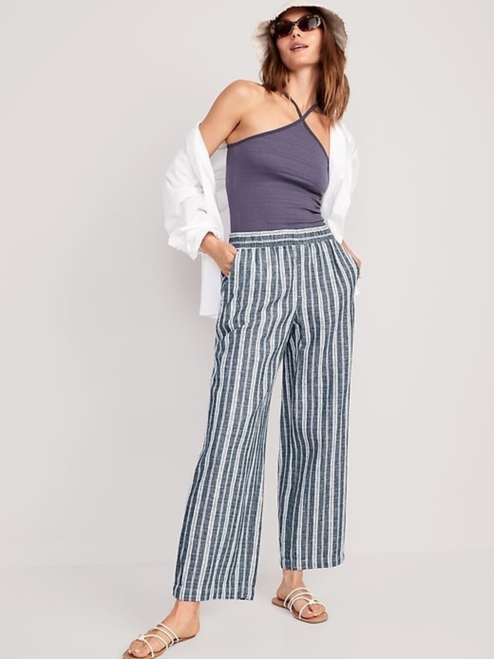 High-Waisted Striped Linen-Blend Wide-Leg Pants